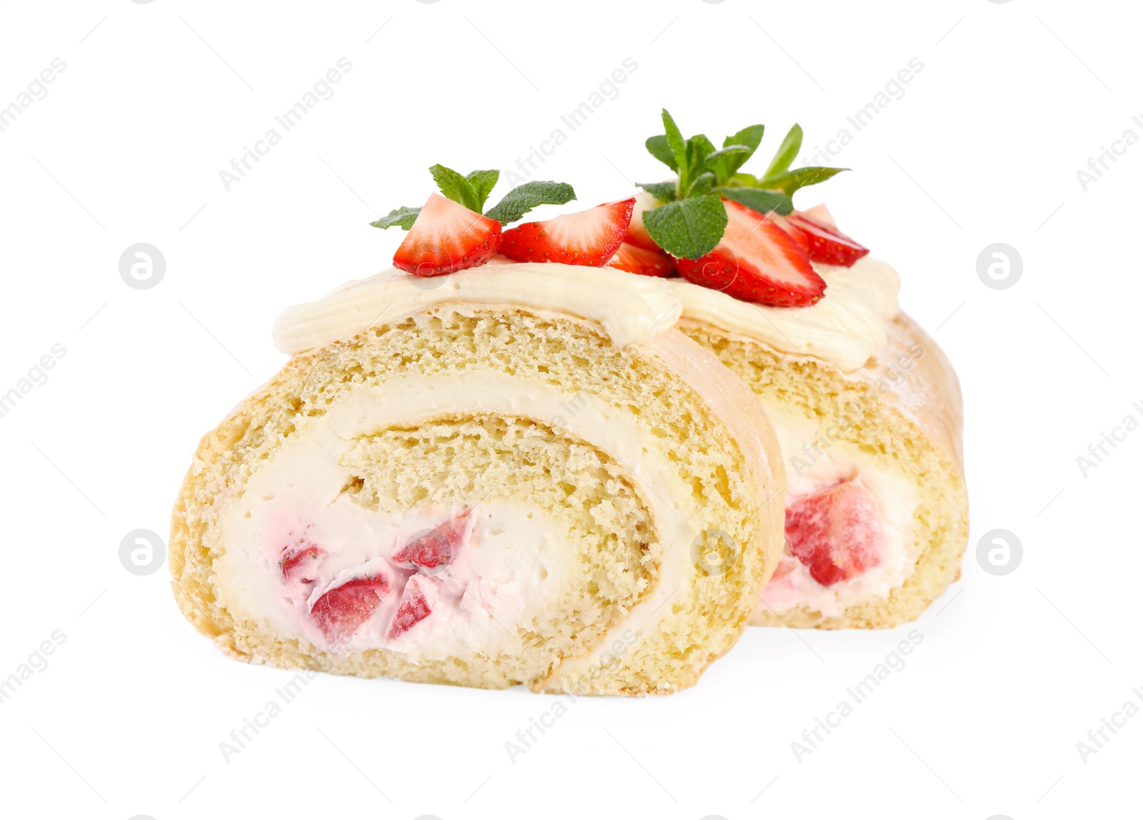 Photo of Delicious cake roll with strawberries and mint isolated on white