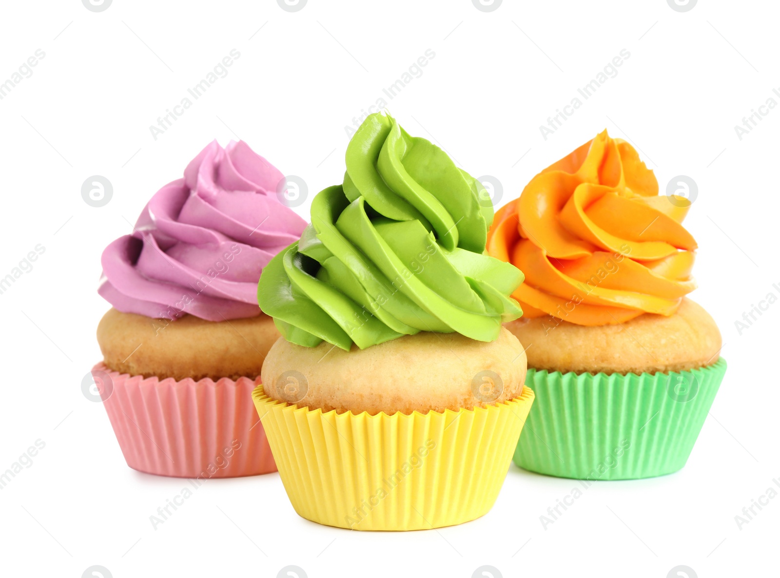 Photo of Delicious birthday cupcakes with buttercream on white background