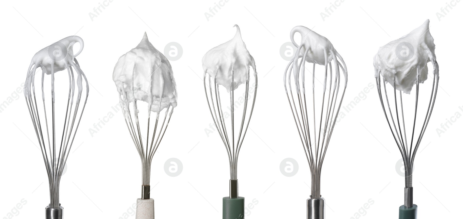 Image of Many different whisks with cream isolated on white, collection