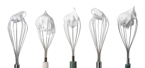 Image of Many different whisks with cream isolated on white, collection