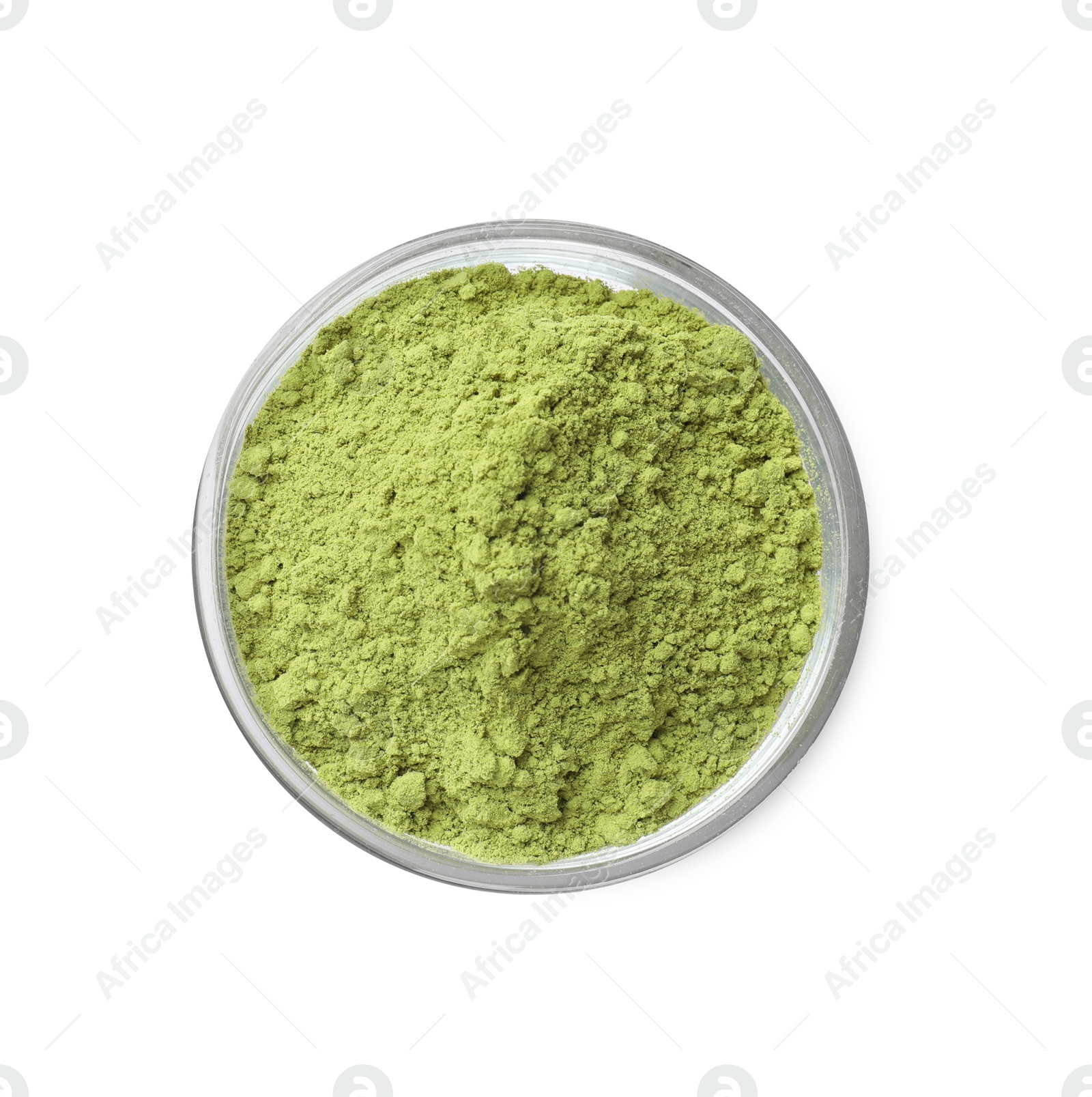 Photo of Henna powder in glass bowl isolated on white, top view