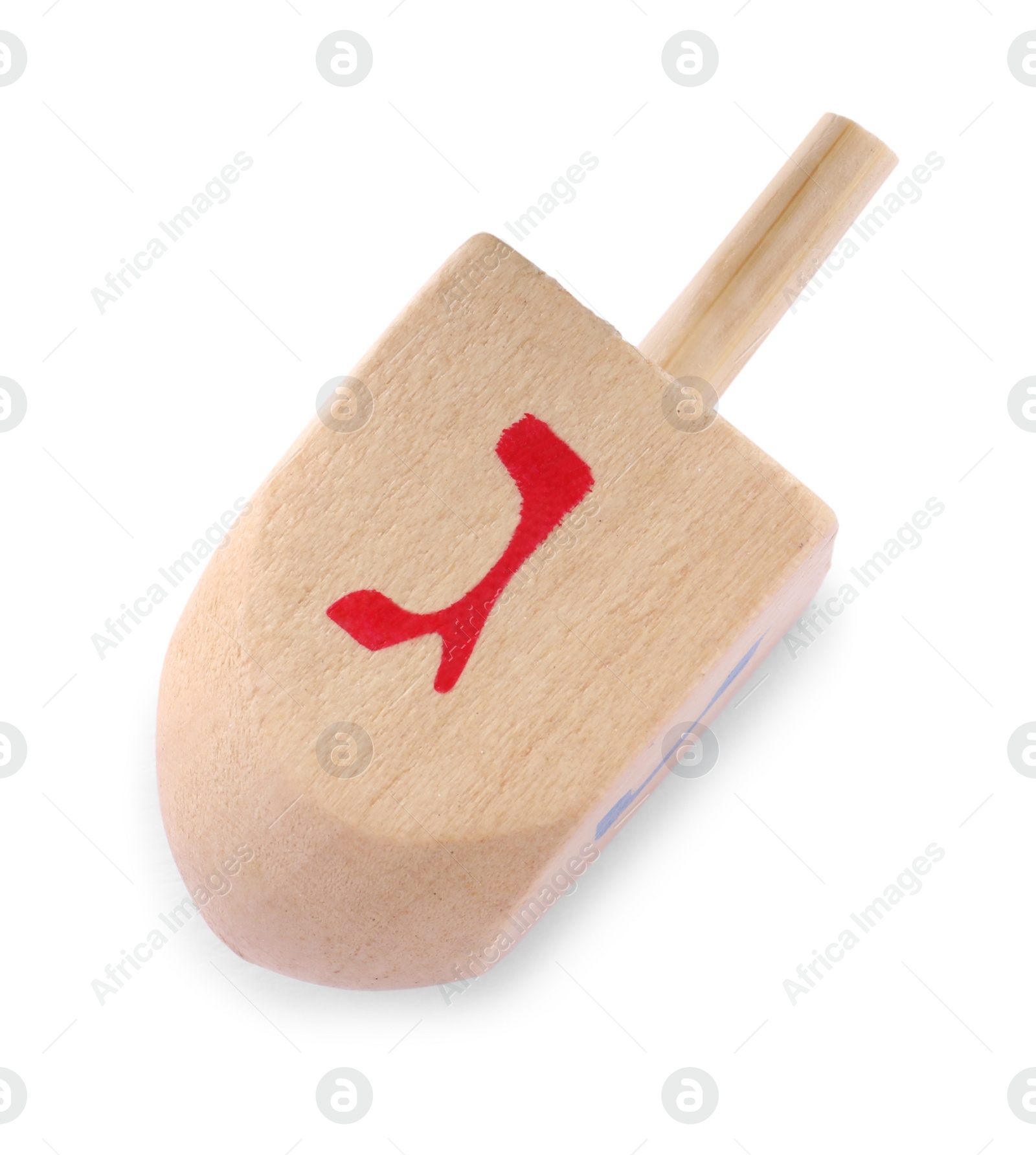 Photo of Wooden Hanukkah traditional dreidel with letter Gimel isolated on white, top view