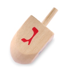 Wooden Hanukkah traditional dreidel with letter Gimel isolated on white, top view