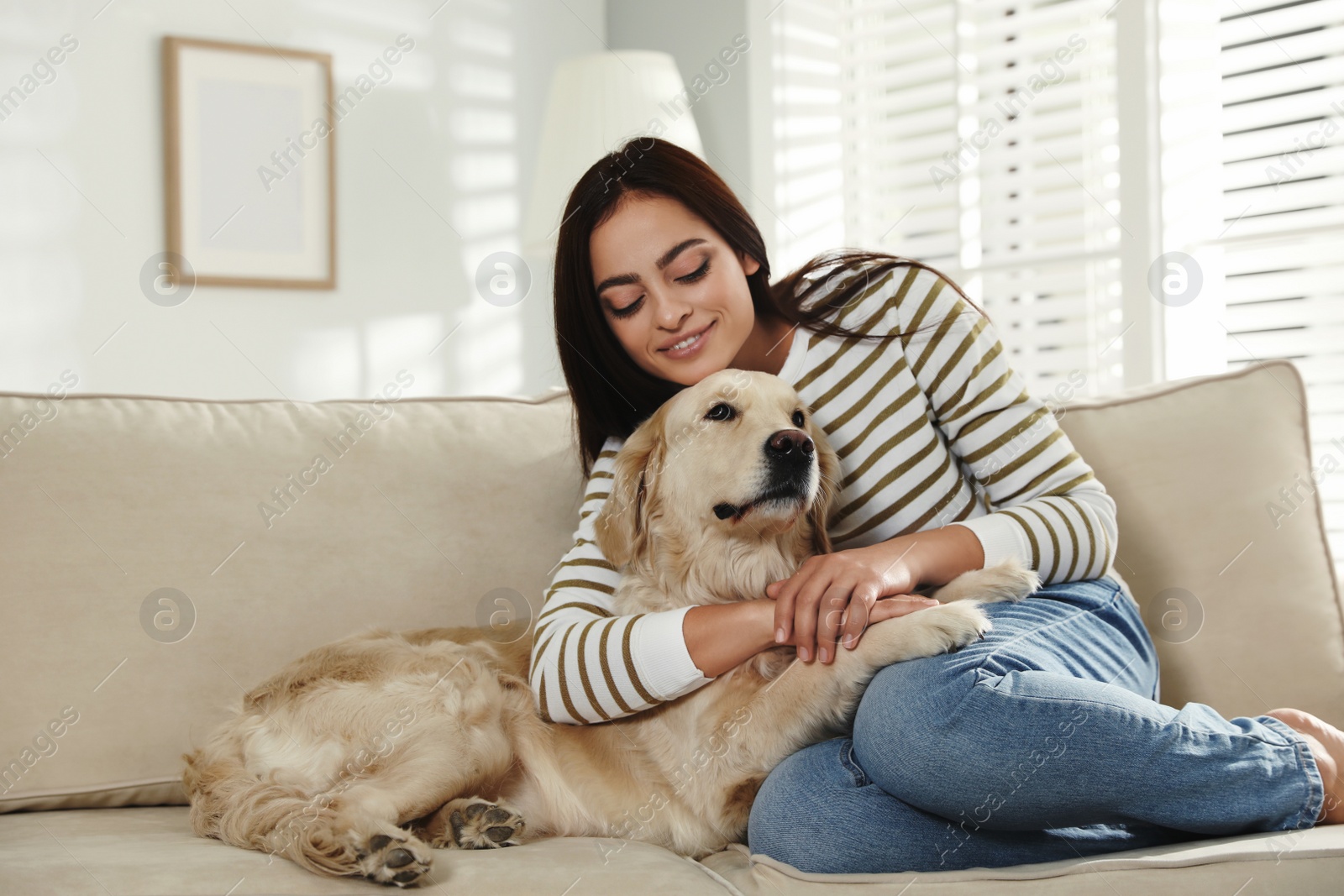 Photo of Young woman and her Golden Retriever on sofa at home. Adorable pet