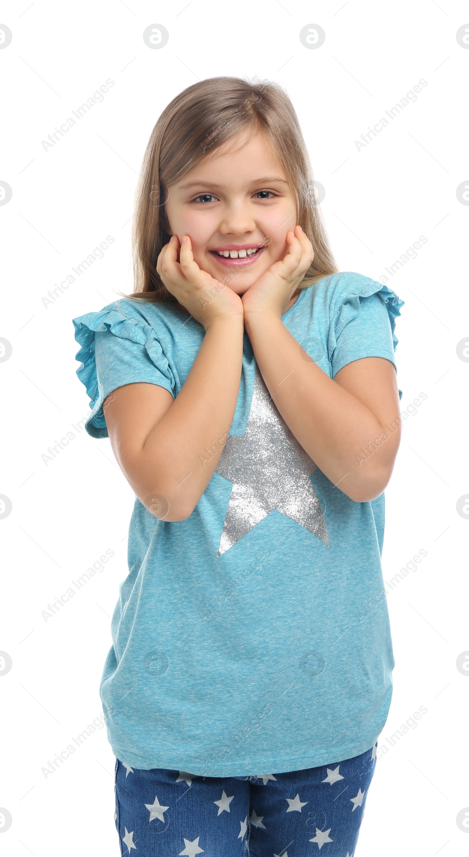 Photo of Surprised little girl in casual outfit on white background