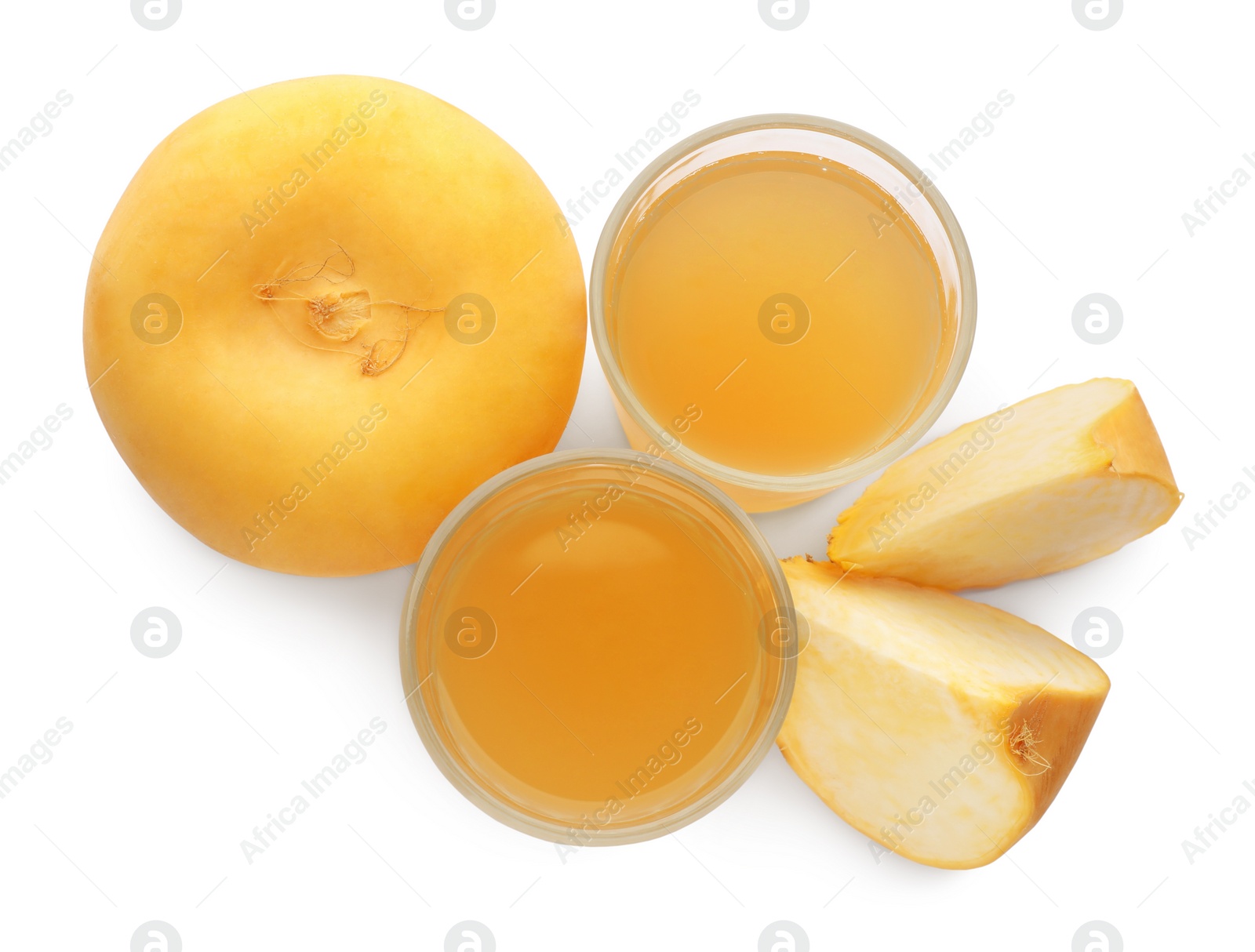 Photo of Glasses of freshly made turnip juice on white background, top view