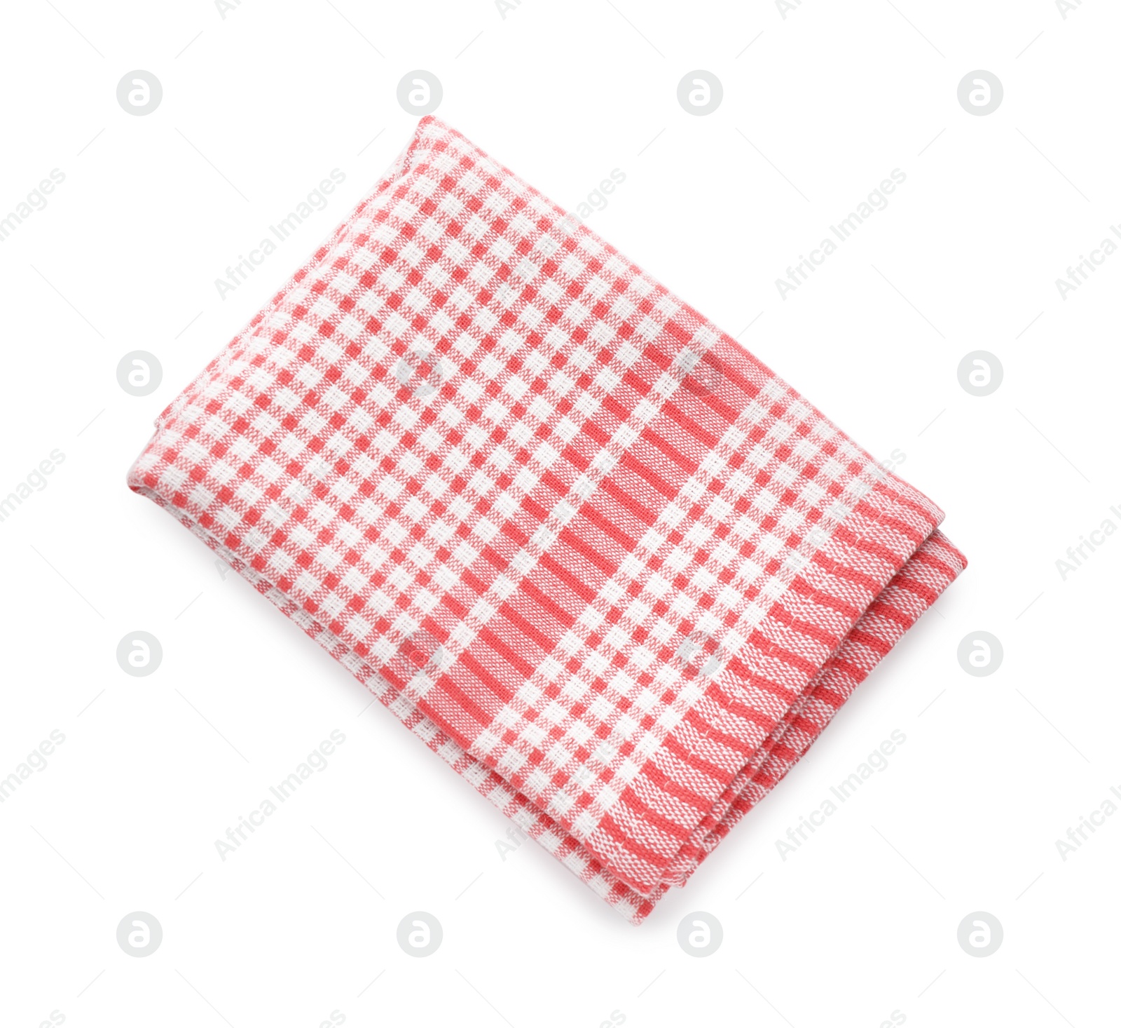 Photo of Red checkered kitchen towel isolated on white, top view