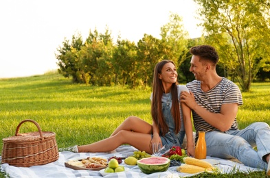 Photo of Happy couple having picnic in park on sunny day