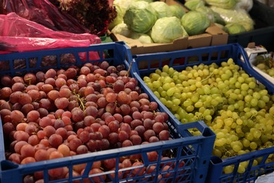 Photo of Many fresh grapes and cabbages on counter at market