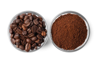 Bowls with ground coffee and roasted beans on white background, top view