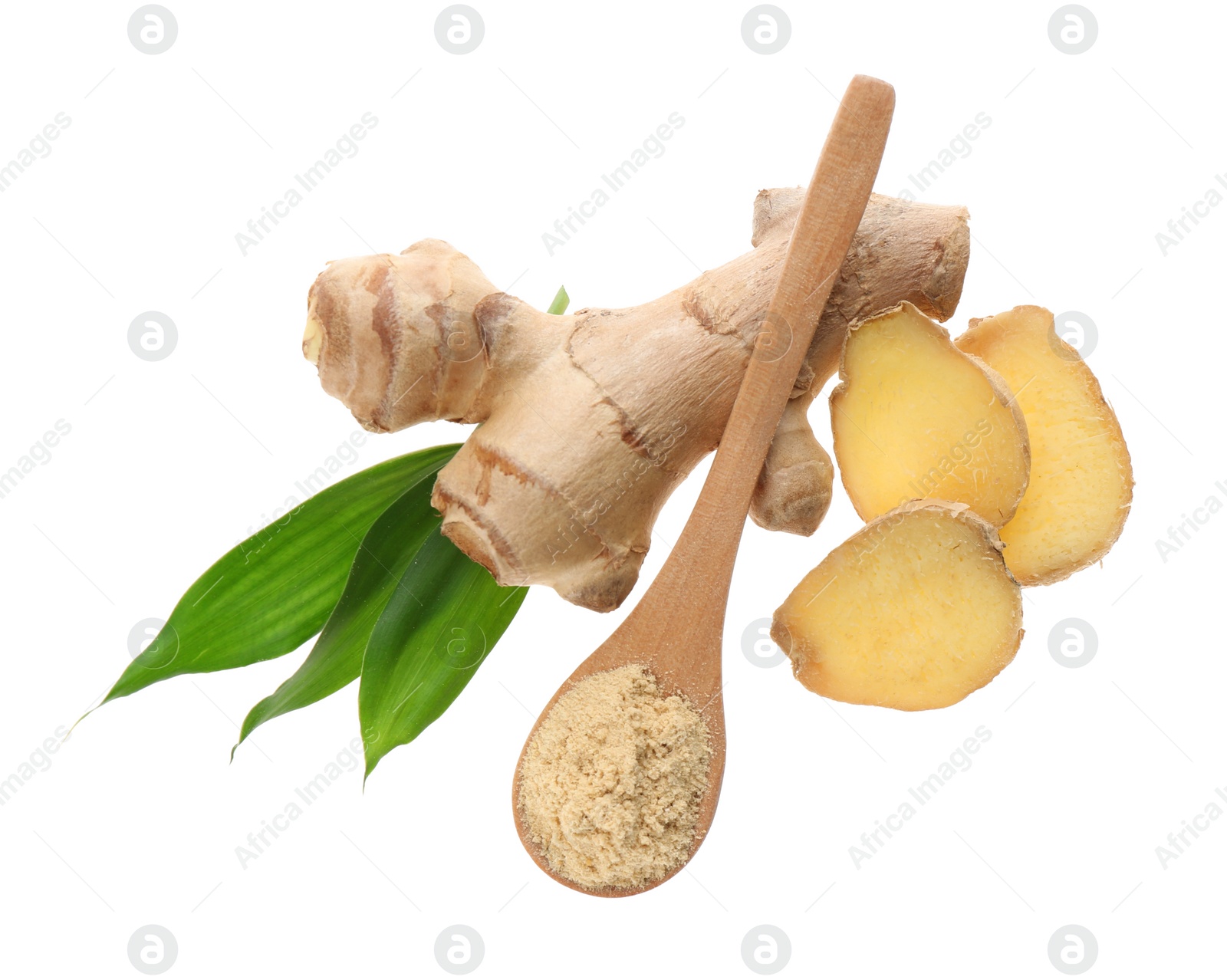 Photo of Dry ginger powder, fresh root and leaves isolated on white, top view