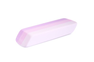 Photo of New bright eraser isolated on white. School stationery