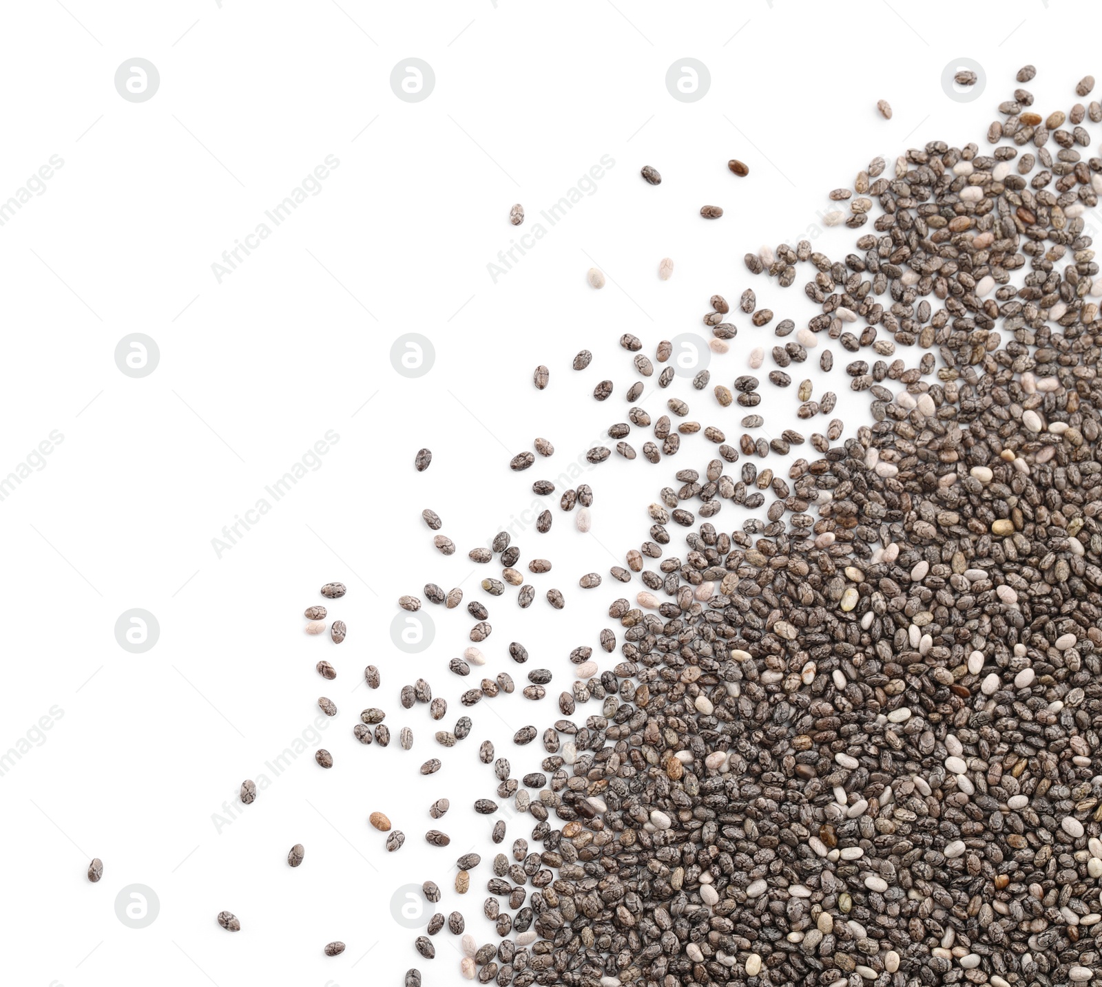 Photo of Pile of chia seeds on white background, top view