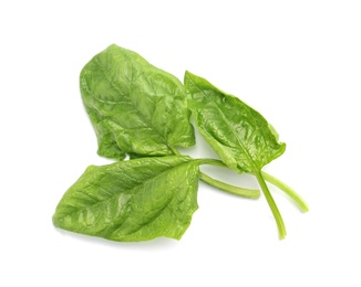 Photo of Fresh leaves of spinach isolated on white, top view