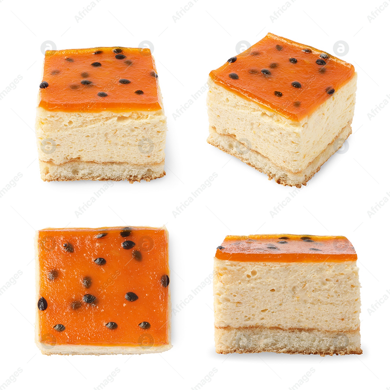 Image of Collage with piece of tasty cheesecake isolated on white, different angles