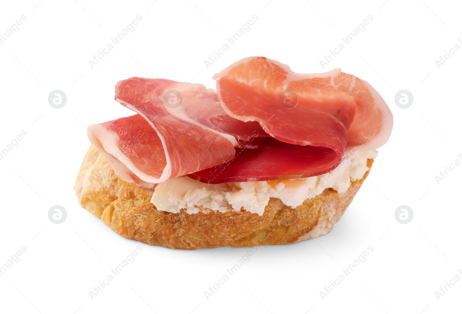 Photo of Tasty sandwich with cured ham isolated on white