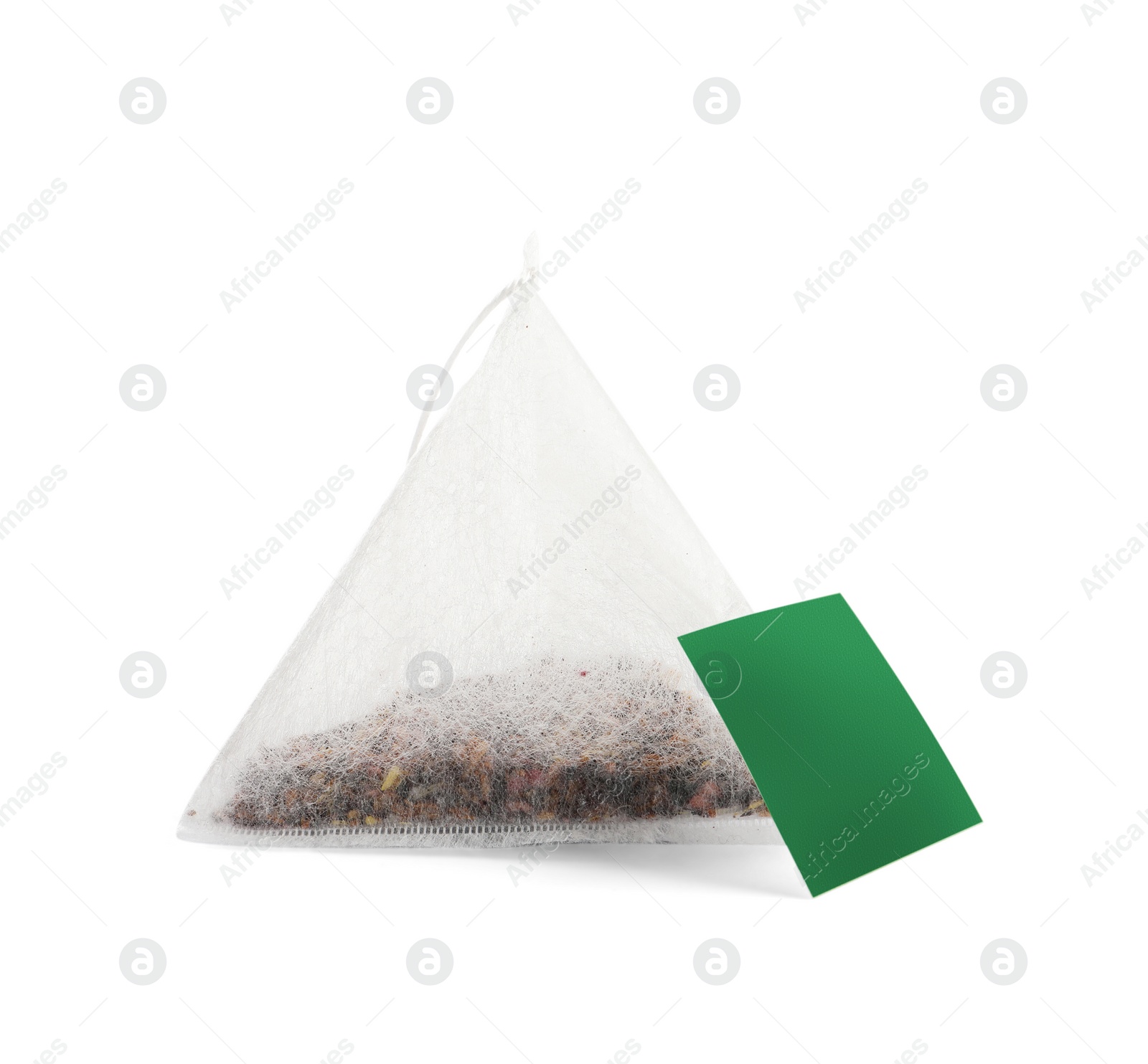 Photo of New pyramid tea bag isolated on white