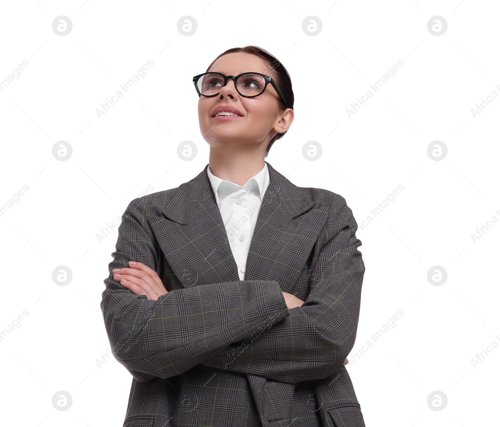 Photo of Beautiful businesswoman in suit on white background, low angle view