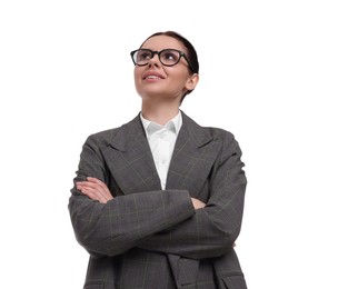 Beautiful businesswoman in suit on white background, low angle view