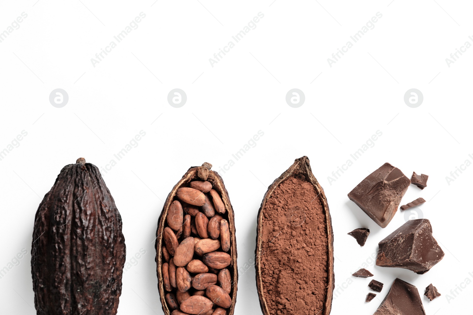 Photo of Composition with cocoa products on white background, top view