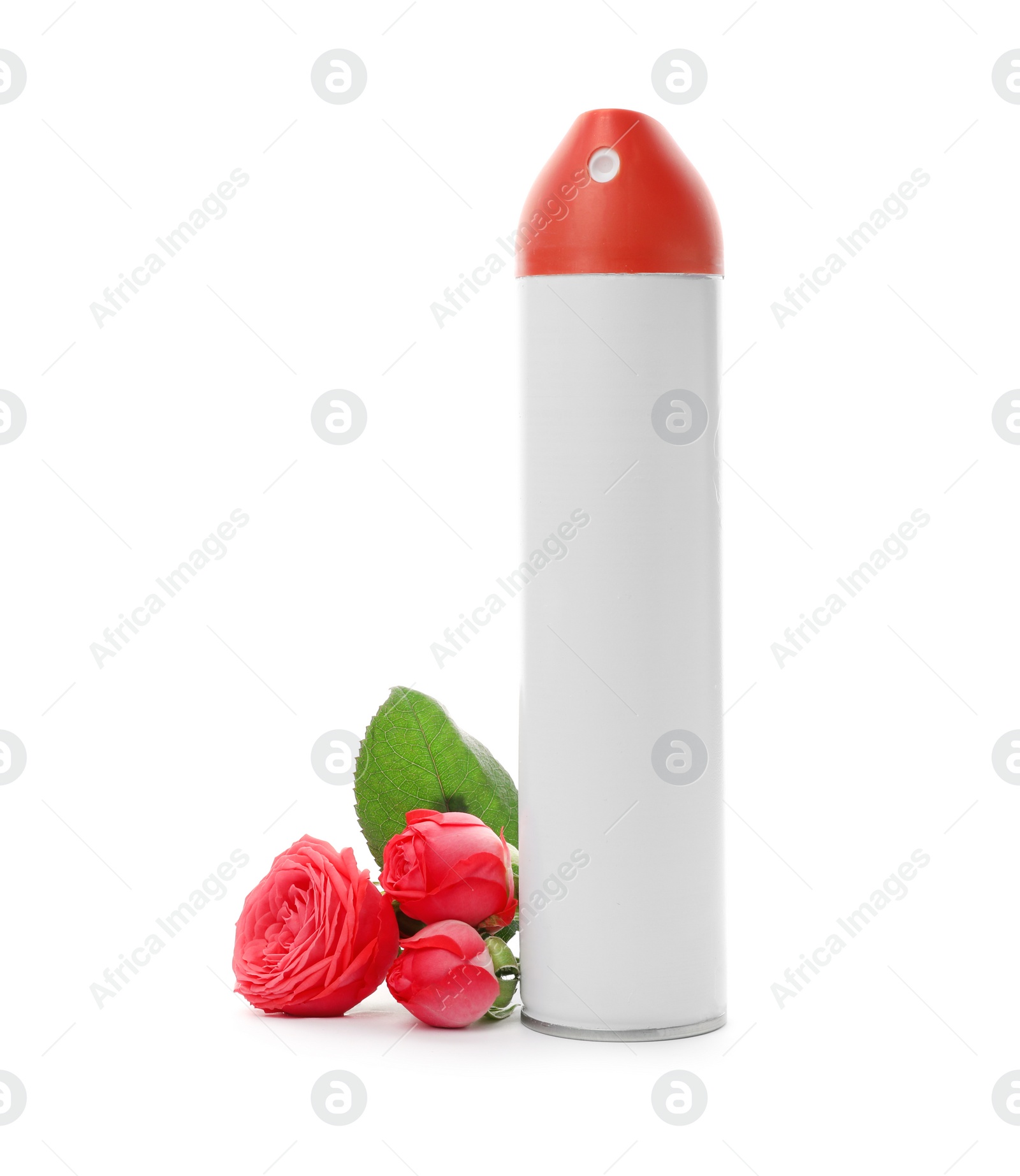 Photo of Spray air freshener and roses on white background