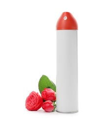 Photo of Spray air freshener and roses on white background