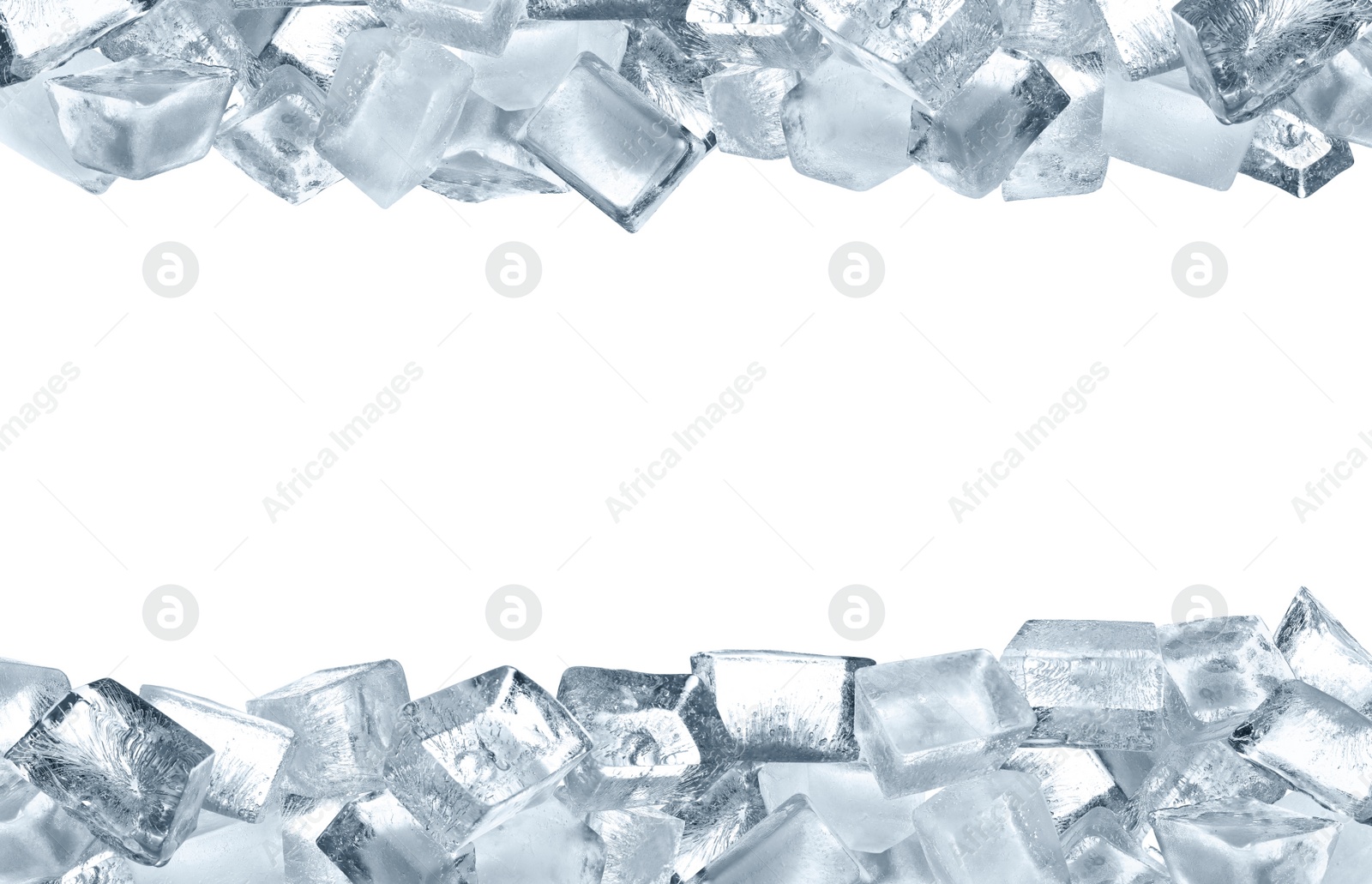 Image of Crystal clear ice cubes on white background, space for text