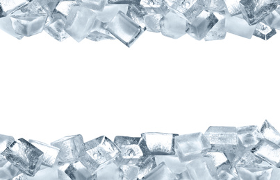 Image of Crystal clear ice cubes on white background, space for text