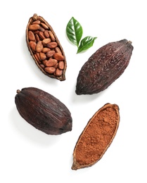 Photo of Composition with cocoa products on white background, top view