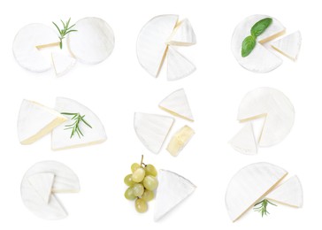 Image of Set with tasty brie cheese on white background, top view 