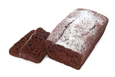 Tasty chocolate sponge cake with powdered sugar on white background