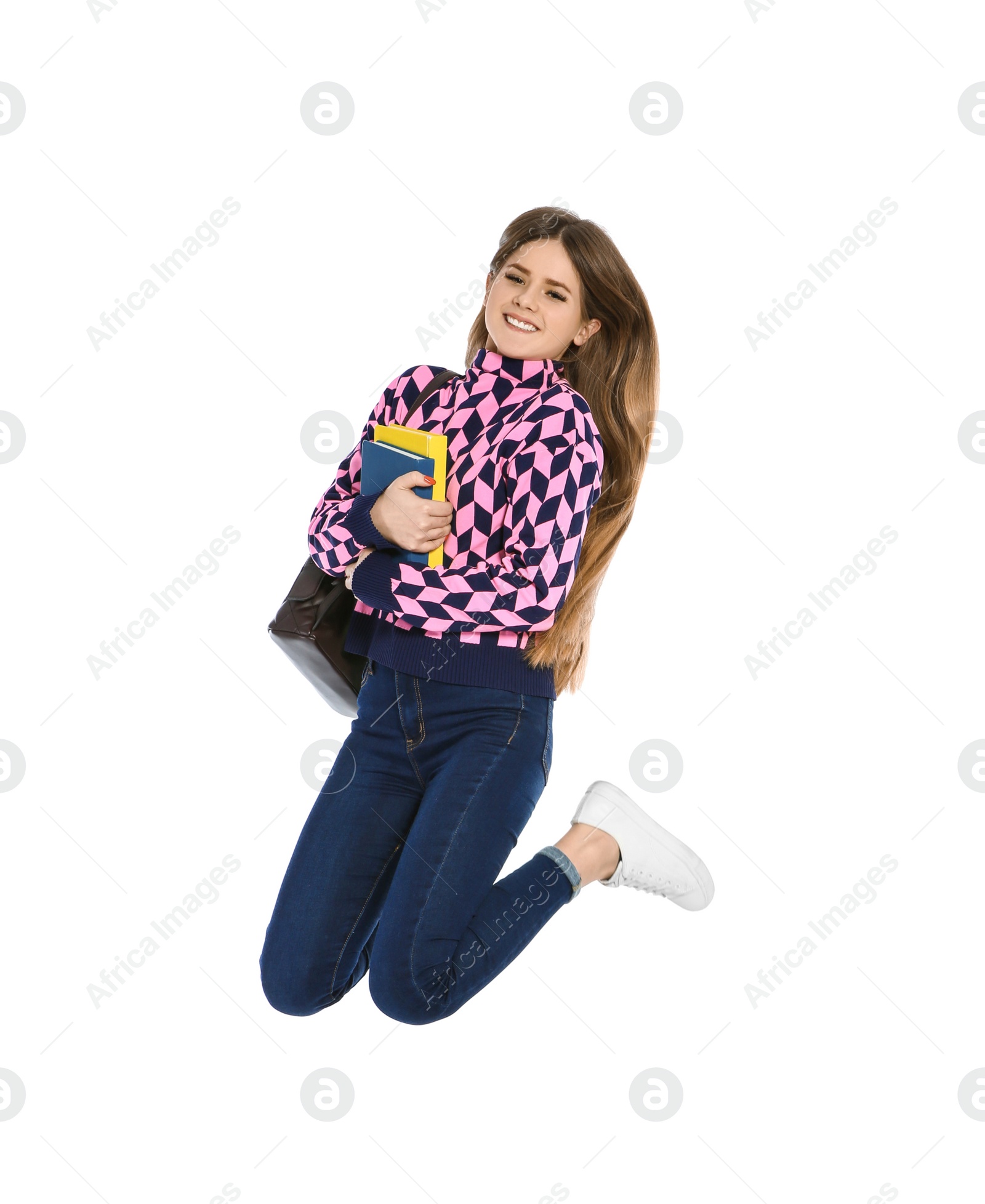 Photo of Happy teenager girl with books on white background