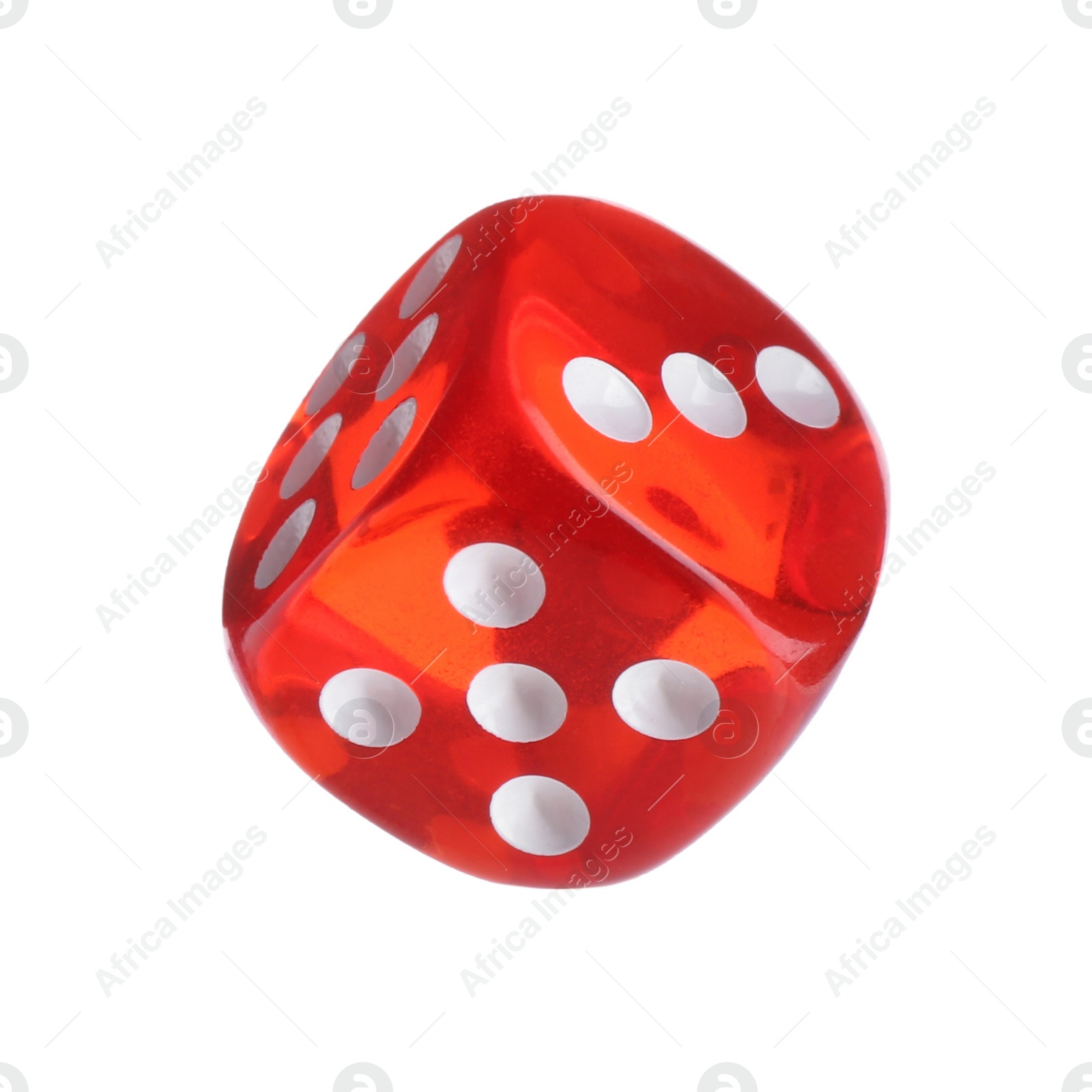 Photo of One red game dice isolated on white