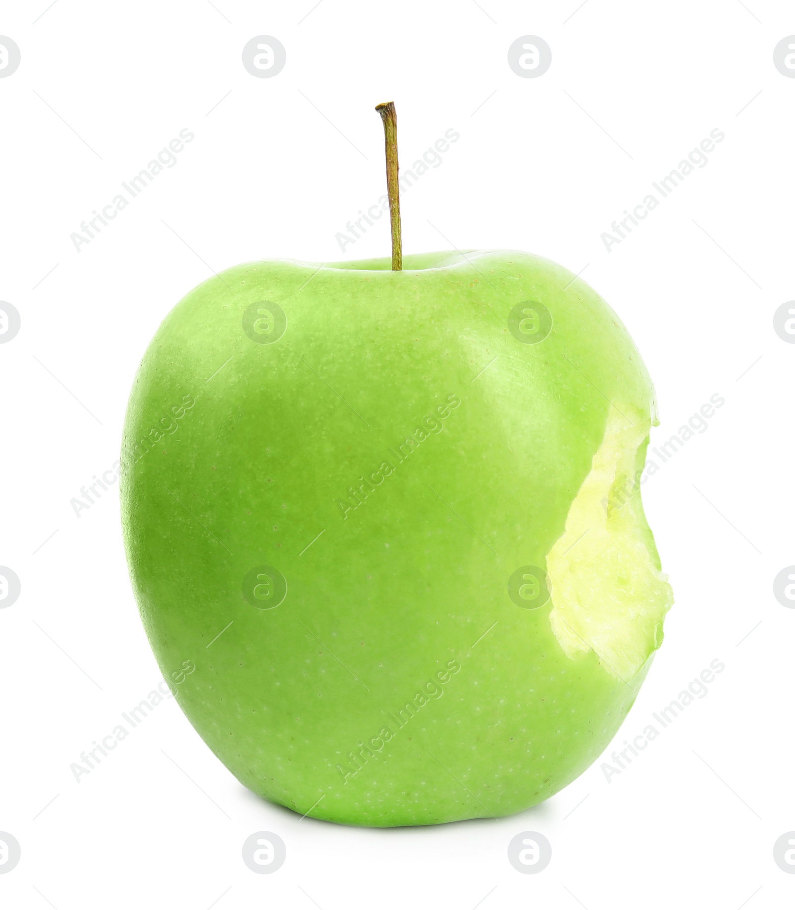 Photo of Fresh ripe green apple with bite mark on white background