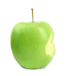 Photo of Fresh ripe green apple with bite mark on white background