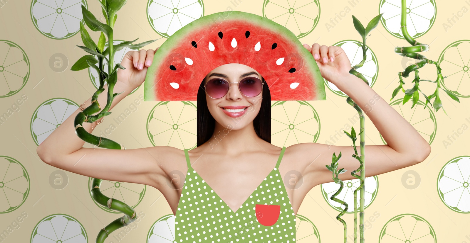 Image of Happy woman with watermelon hat and plants on colorful background, banner design. Summer party concept. Stylish creative collage