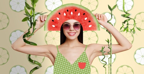 Image of Happy woman with watermelon hat and plants on colorful background, banner design. Summer party concept. Stylish creative collage
