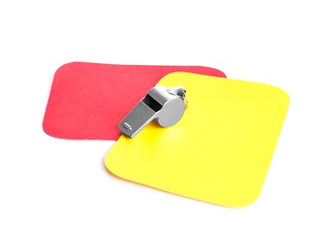 Photo of Whistle, red and yellow cards on white background. Football rules