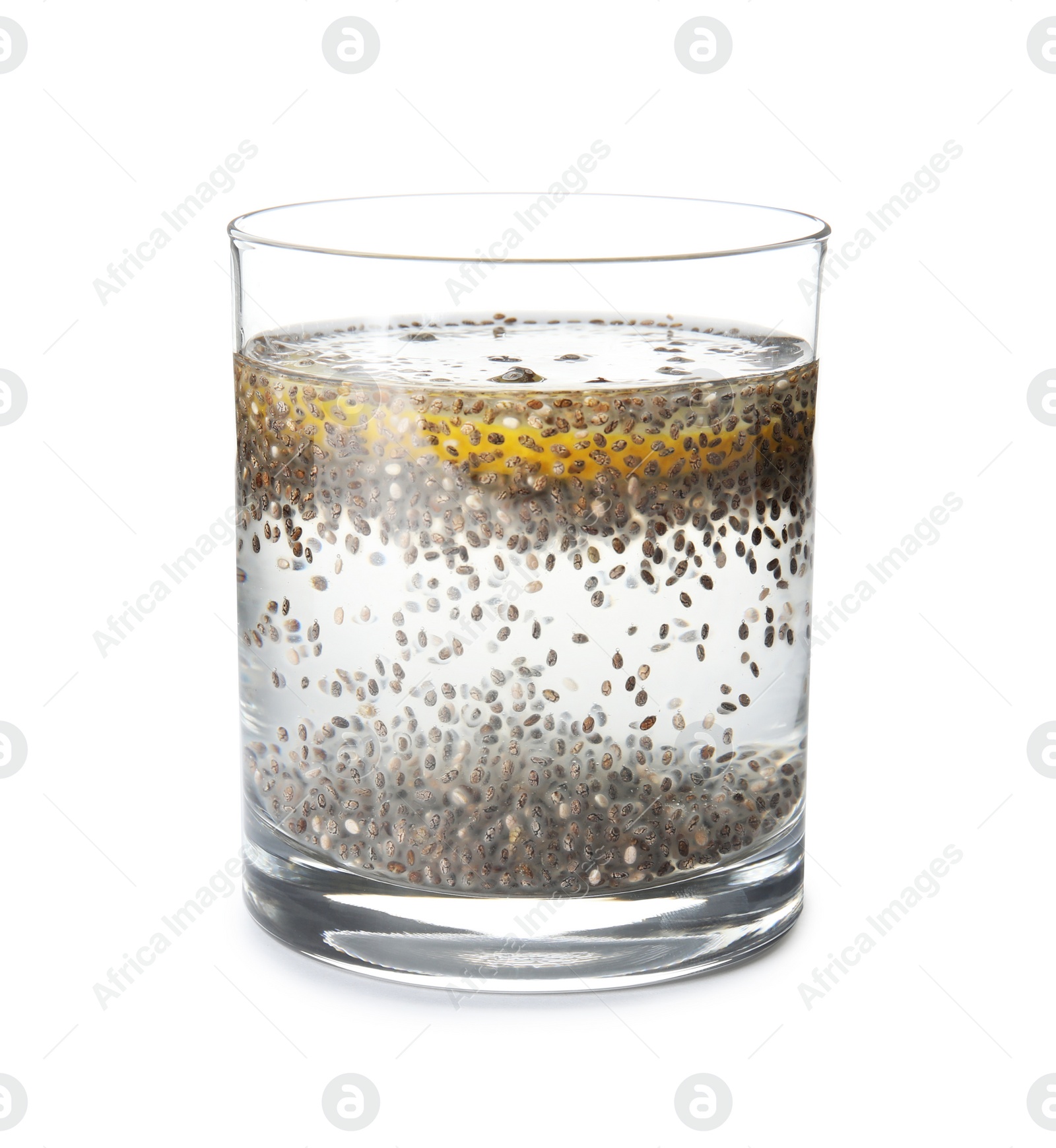 Photo of Glass of water with chia seeds on white background