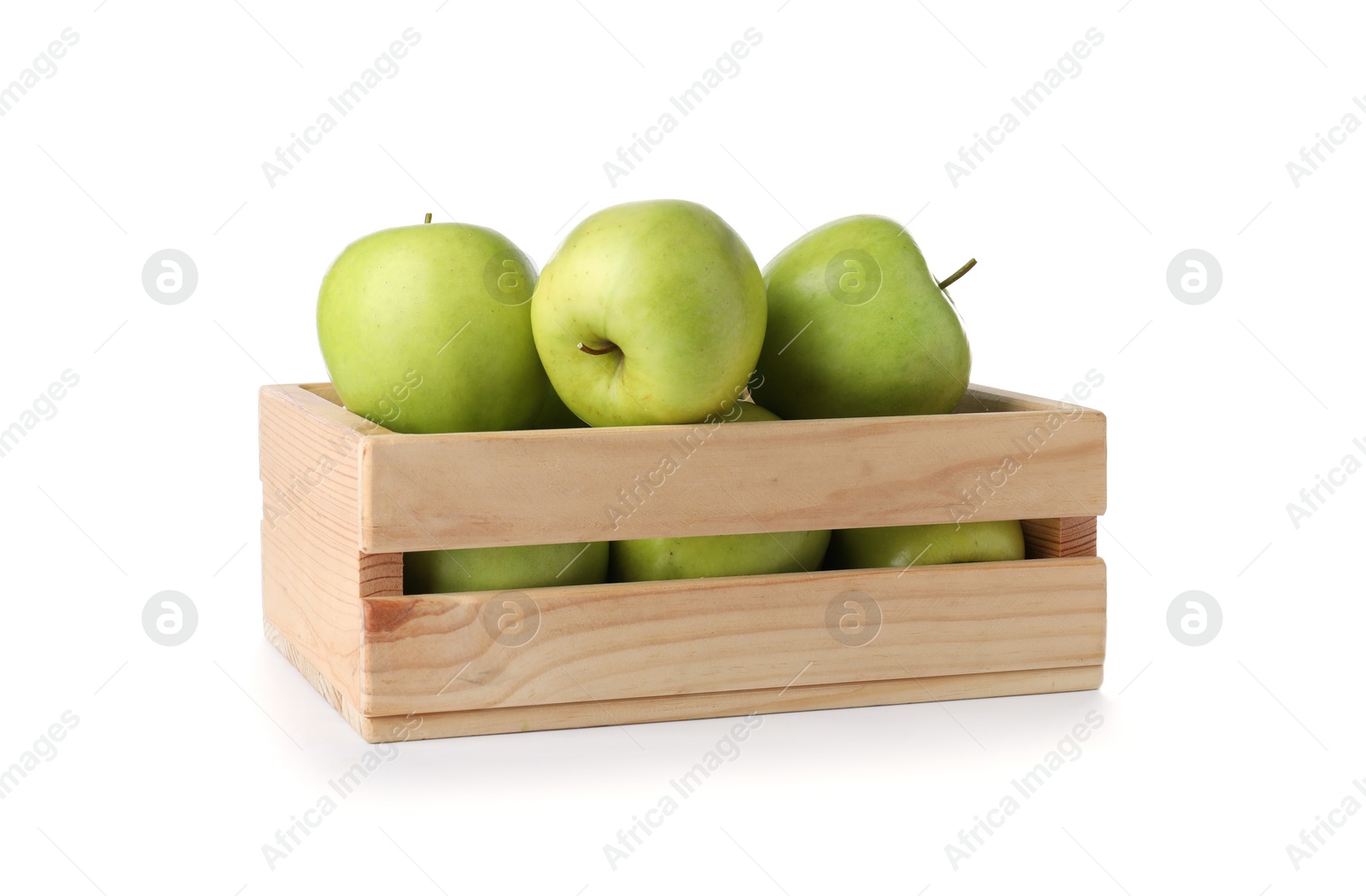 Photo of Wooden crate full of fresh green apples on white background