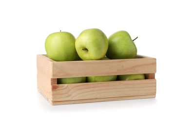 Photo of Wooden crate full of fresh green apples on white background