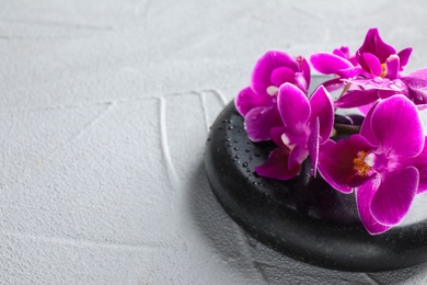 Photo of Orchid with spa stone on light grey background. Space for text