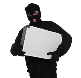 Photo of Thief in balaclava with briefcase of money on white background