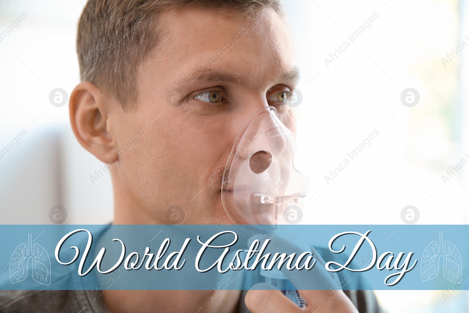 Image of World asthma day. Man using special machine indoors 