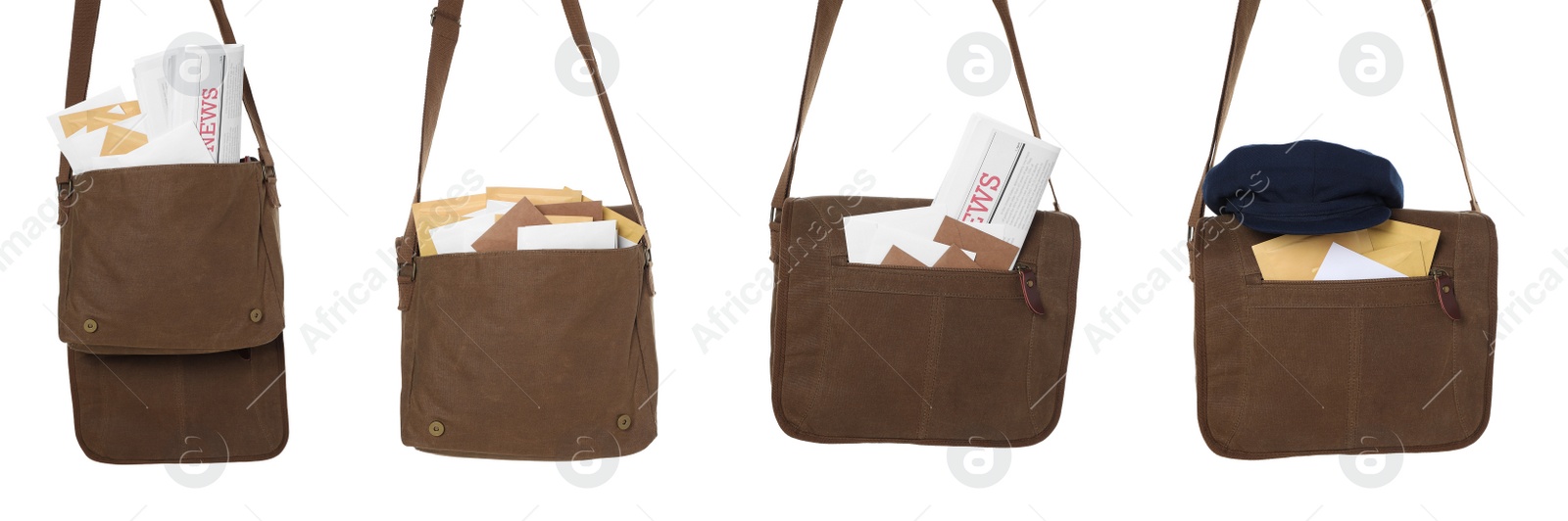 Image of Set with different postman's bags with mails and newspapers on white background. Banner design