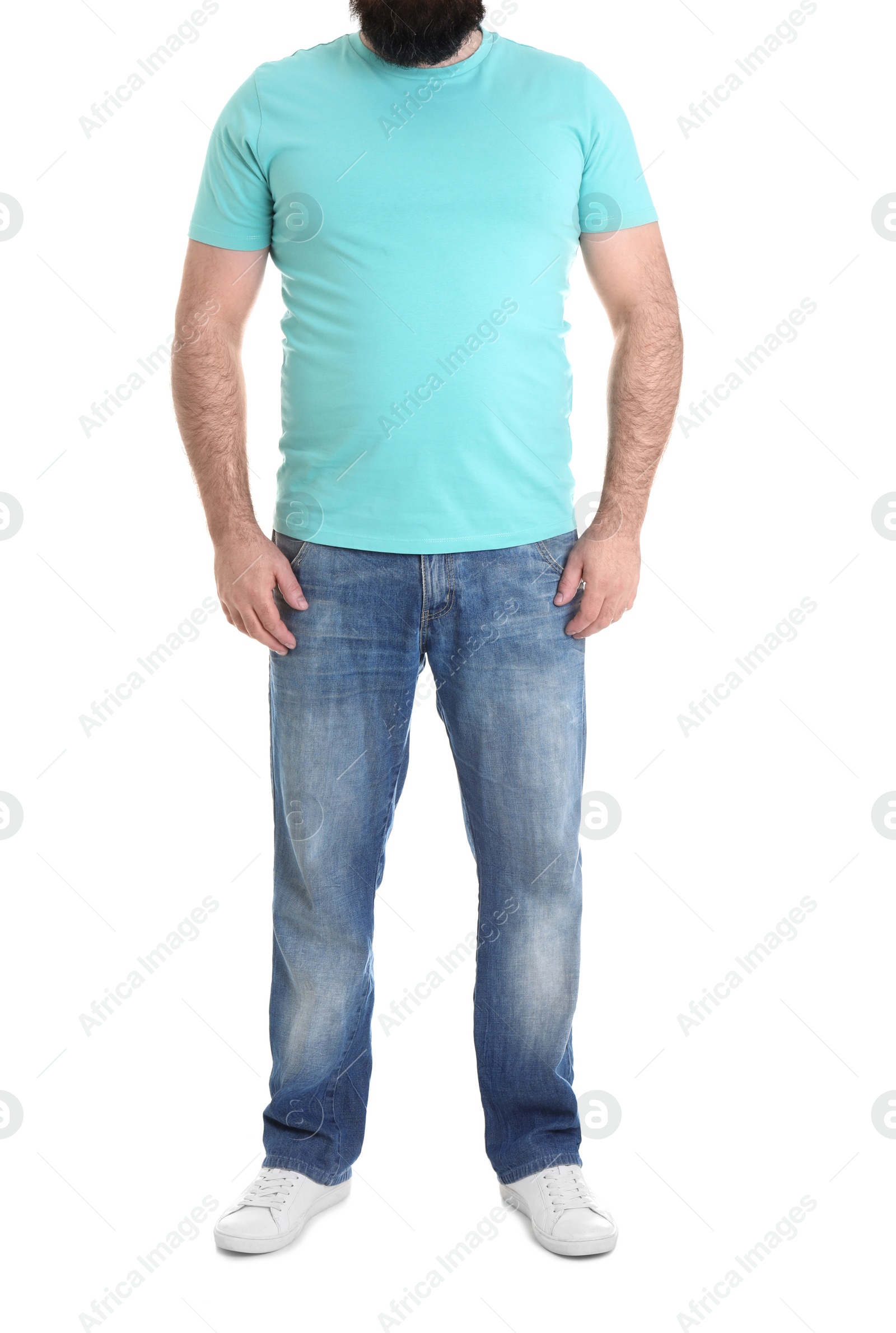 Photo of Overweight man isolated on white, closeup. Weight loss