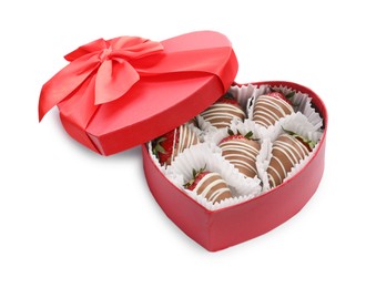 Photo of Heart shaped box with delicious chocolate covered strawberries isolated on white