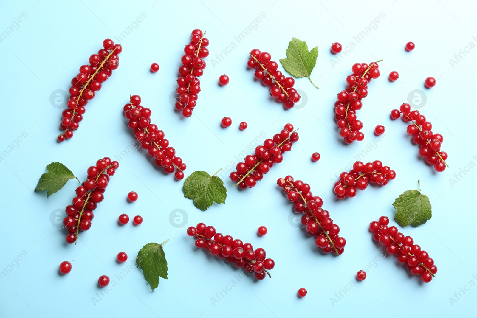 Photo of Delicious red currants and leaves on light blue background, flat lay