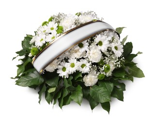 Funeral wreath of flowers with ribbon on white background