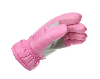 Photo of Woman wearing pink ski glove on white background, closeup. Winter sports clothes